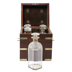 Victorian mahogany brass bound campaign style decanter box, with twin brass countersunk handles, containing four decanters, H23cm 