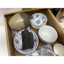 Johnson Bros Indies pattern tea and dinner wares, painted metal female bust on wooden plinth, three radios including one Roberts, Zenit B camera body, Polaroid 1000 land camera, Lorus wristwatch, and other ceramics etc, in four boxes