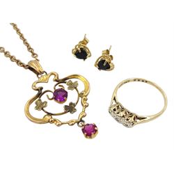 Early 20th century gold paste stone set pendant, on gold chain, diamond chip ring and a pair of heart shaped sapphire stud earrings, all 9ct