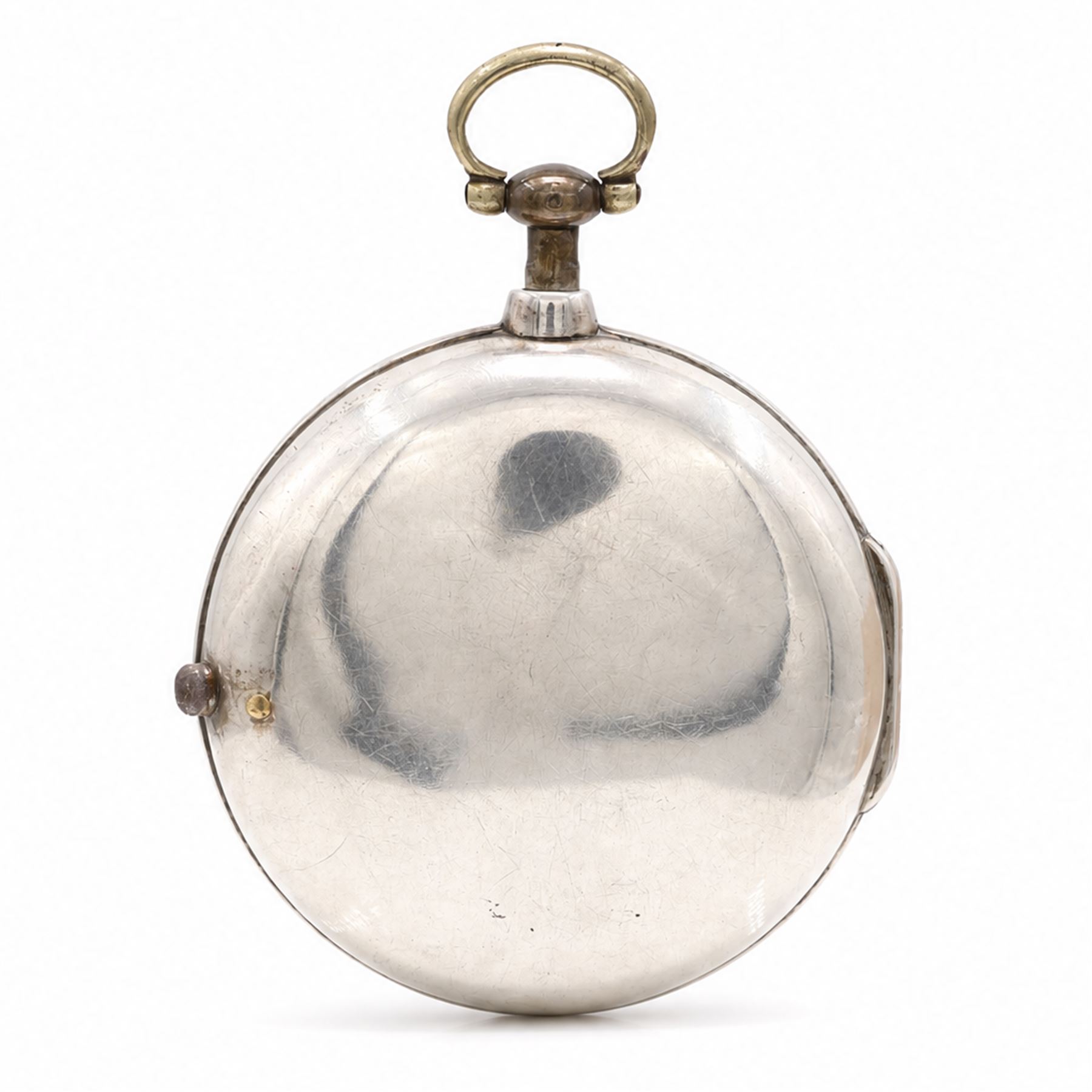 George III silver pair cased verge fusee pocket watch by W.C. Tooke, Lynn, No. 23960, pierced and engraved balance cock decorated with a mask, enamel polychrome dial depicting rope makers and personalised 'John Withers' hour markers, case by William Linsley, London 1814