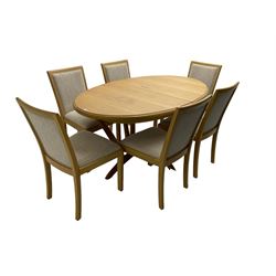 Contemporary light oak oval extending dining table, shaped X-frame base (W160cm D102cm); and set of six light oak dining chairs, back and seat upholstered in textured pebble cream fabric (W50cm H90cm)