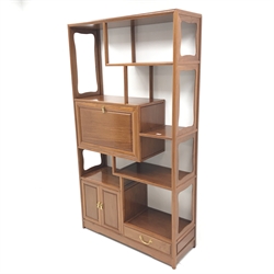 Chinese rosewood curio cabinet/wall shelf, six shelves, single fall front, drawer and two cupboards, stile supports, W102cm, H183cm, D36cm