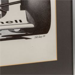 Four Formula 1 racing prints by Nik Curry, including a signed limited edition example, all within silver frames, H38cm, W59cm