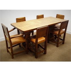  Gnomeman adazed oak rectangular refectory dining table (W168cm, H75cm, D74cm) and set six (4+2) chairs solid splat, upholstered seat (W59cm) by Thomas Whittaker of Littlebeck  