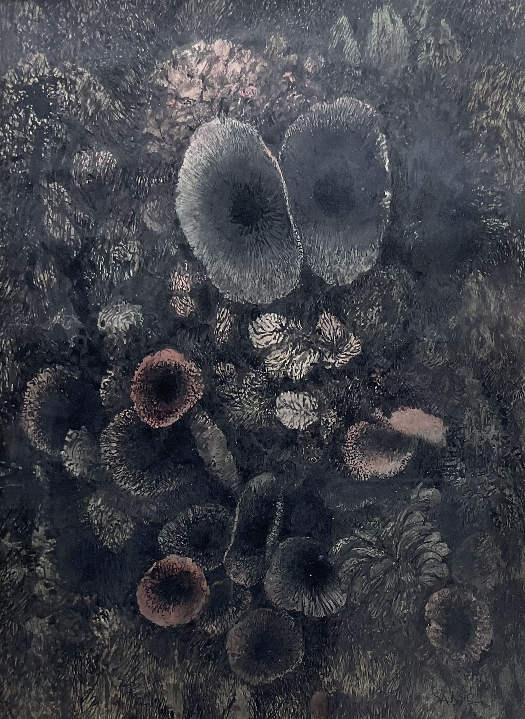 Juvenal Sanso (Spanish/Filipino 1929-): 'Twin Bells', watercolour and ink signed, titled verso 31cm x 23cm 
Provenance: purchased Luz Gallery, Manila 1968, inscribed verso