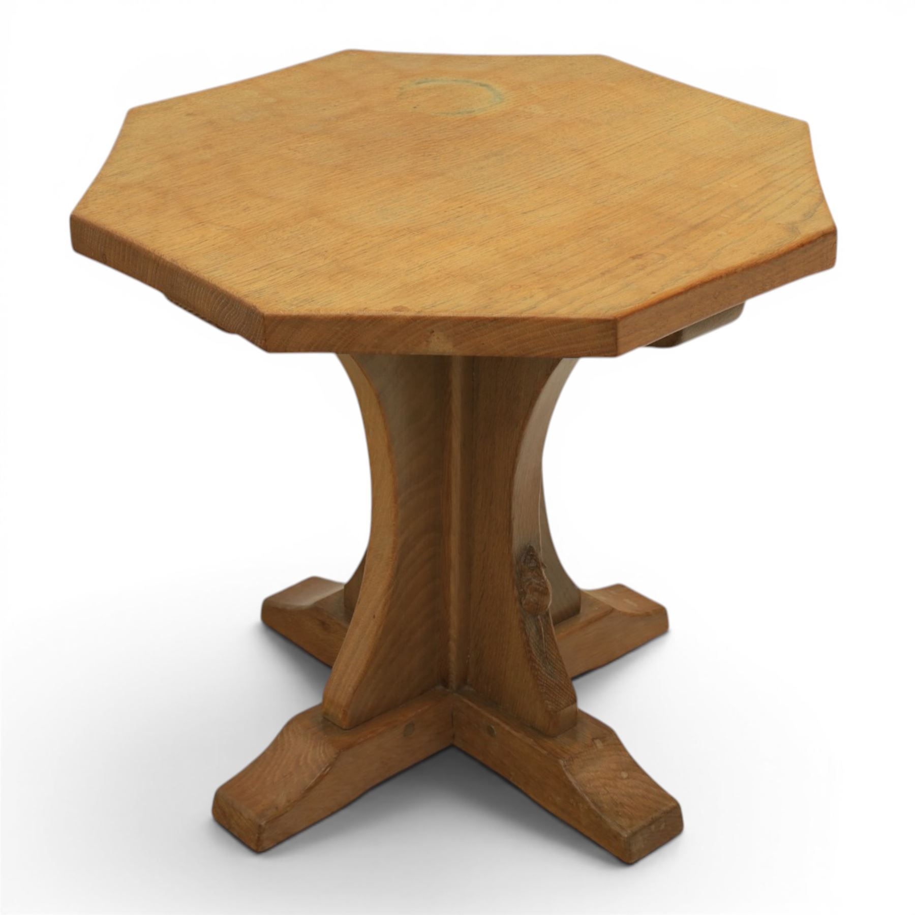 Mouseman - adzed oak octagonal occasional table,  raised on a quatriform base with carved mouse signature, by the workshop of Robert Thompson, Kilburn