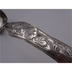 Mid 19th century Dutch silver 833 standard soup ladle, with rounded rectangular bowl, the shaped and curved stem engraved with foliate scrolls, marked with Lion Passant, Minerva Head with letter A for Amsterdam, date letter for 1847 and makers mark, approximate L30cm, approximate weight 4.52 ozt (140.6 grams)