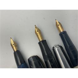 Group of five 14ct gold nib fountain pens, comprising Swan Mabie Todd with 14ct No 6 nib, Mabie Todd Blackbird, Phillips, Platignum and Mentmore Supreme, largest L13.5cm