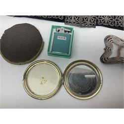 Silver topped ceramic scent bottle, silver bottle cap, EPNS belt buckle and belt, Pacton lighter and a Ronson lighter and other collectables 