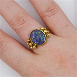 18ct gold opal triplet abstract ring, makers mark JKC, probably Jacob Kramer College, Sheffield 1973