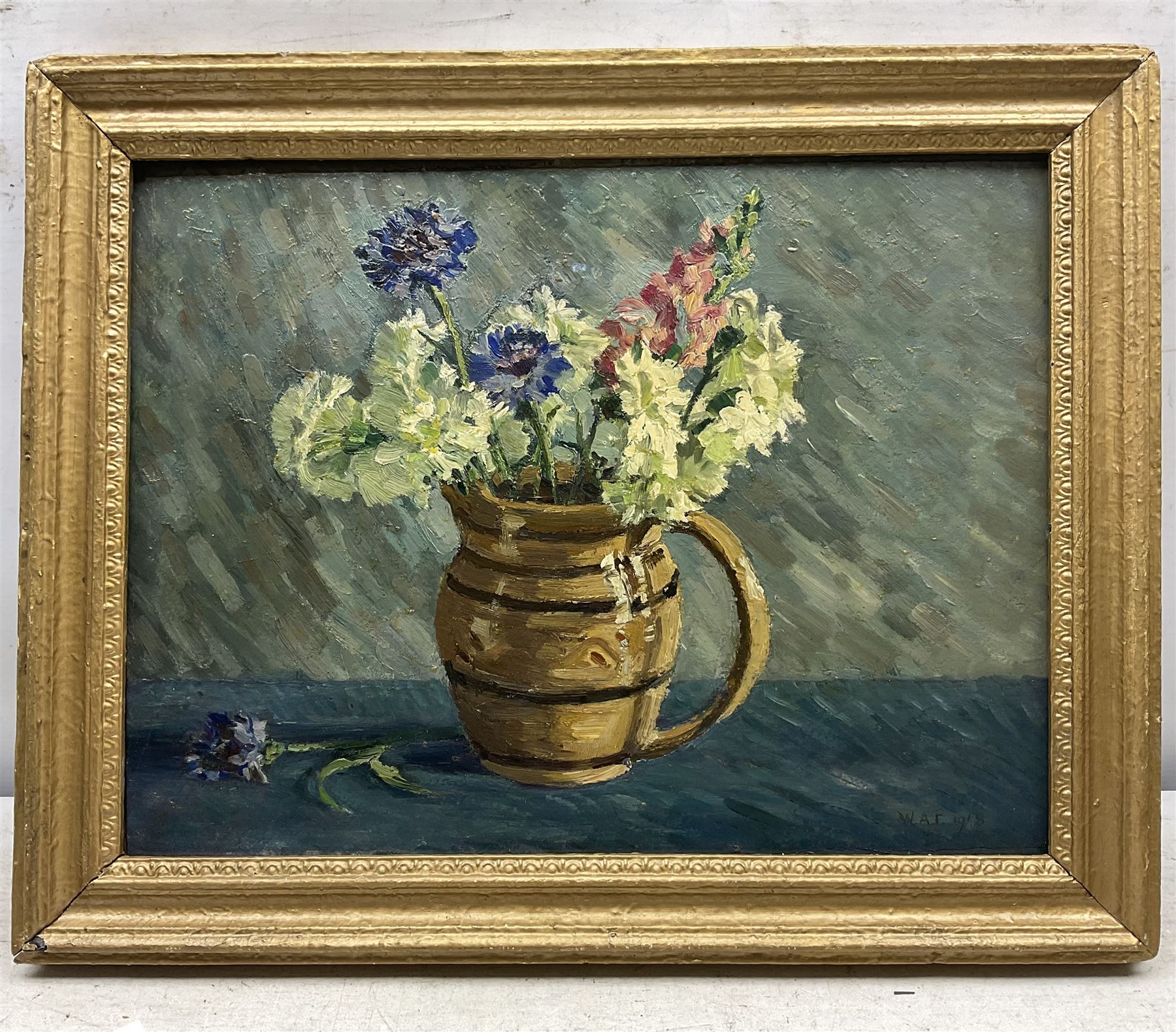 Winifred Ann Frickers (British 1915-?): 'A June Bunch', oil on board signed with initials and dated 1918, titled verso with artist's address 29cm x 38cm 