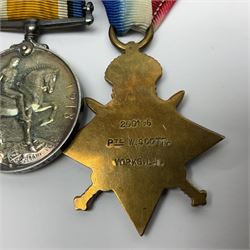 WWI trio of medals comprising British War Medal and Victory Medal awarded to 1815 Pte. W. Scott K.O.Y.L.I. and 1914-15 Star awarded to 200196 Pte. W. Scott Yorks. L.I.; with ribbons on wearing bar