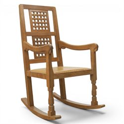 Mouseman - oak rocking chair, high lattice back, carved Mouse signature, by Robert Thompso...