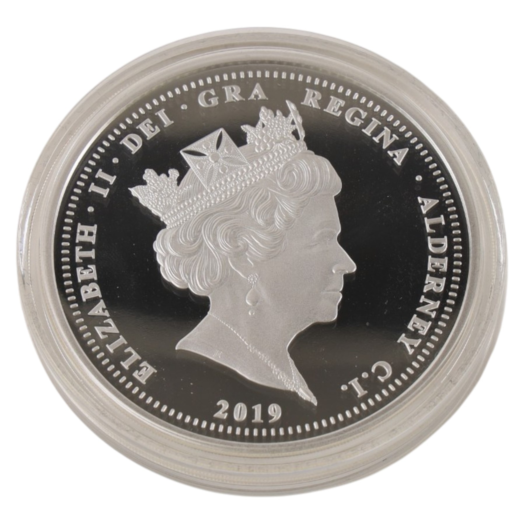 Queen Elizabeth II Alderney 2019 '50th Anniversary of the Moon Landing' five ounce silver proof twenty-five pound coin, issued by the Jubilee Mint, cased with certificate