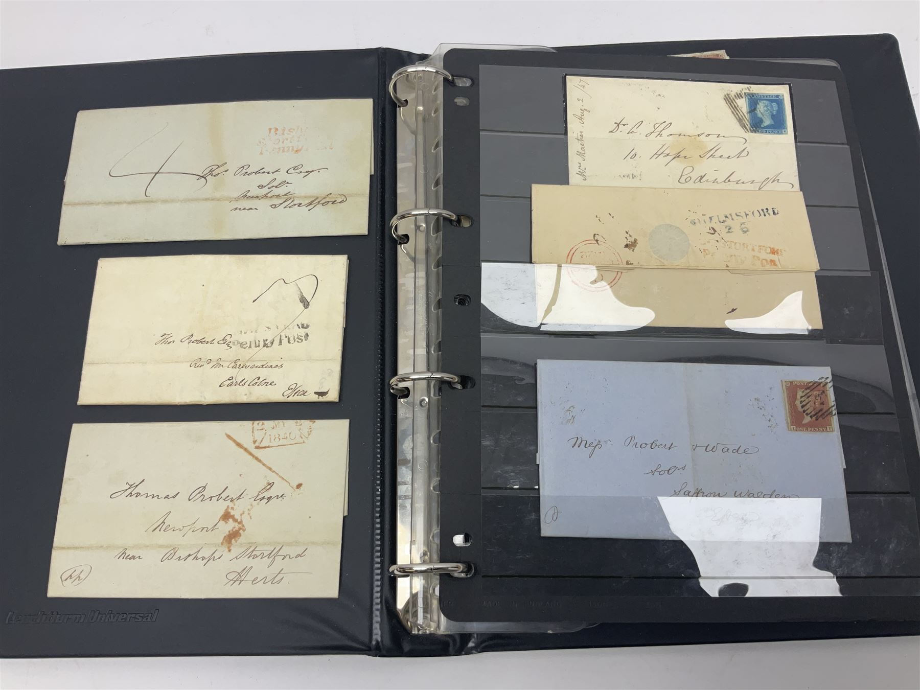 Postal history, including pre-stamp, Queen Victoria imperf penny reds on covers or entires a few with black MX cancels, 1841 two pence blue with white lines added on mourning cover, perf penny red on cover etc, housed in a ring binder folder
