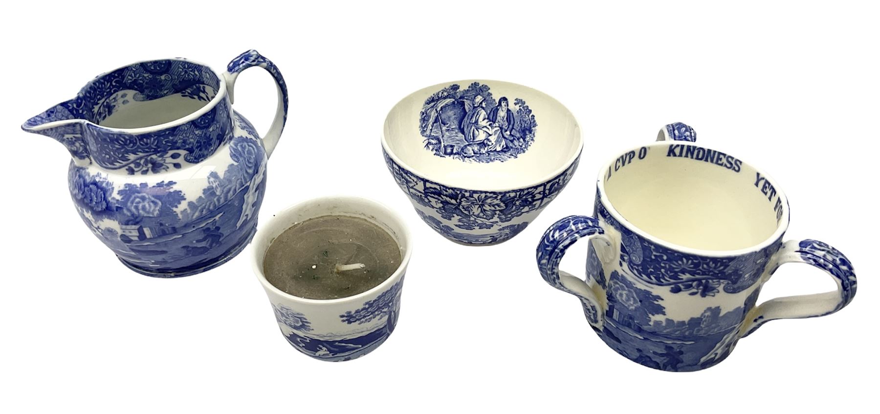 Copeland Spode Italian pattern tyg, inscribed with Auld Lang Syne to interior rim, with printed blue mark beneath (a/f), together with Spode Italian Pattern jug with blue mark, Spode’s Byron bowl with blue mark and Spode Italian pattern candle with black mark (4)