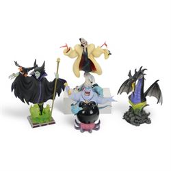 Grand Jester Studios Disney Showcase Collection figures, comprising Cruella De Vil, Ursula, Maleficent, Dragon, all boxed