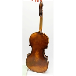  Late 19th century German violin for completion with 36cm one-piece maple back and ribs and spruce top, bears label Copie De Albani Palermo 1633, 59cm overall together with three books on violin construction, restoration and varnishing  