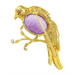 Silver and silver-gilt amethyst, ruby and diamond bird brooch, large cabochon amethyst of approx 12.30 carat, with diamond set feathers and ruby eye, total diamond weight approx 1.15 carat