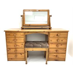 Pine twin pedestal dressing table, six drawer chest, cheval dressing mirror and blanket box