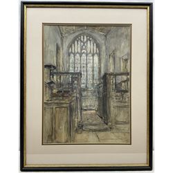 Rowland Henry Hill (Staithes Group 1873-1952): Interior of the Chapel of St Nicholas at Haddon Hall, watercolour heightened in white unsigned 48cm x 35cm 
Notes: a signed view of the exterior of Haddon Hall by Hill is on long-term loan to Bushey Museum. An early example of the artist’s work c.1909 displaying his more muted palette.