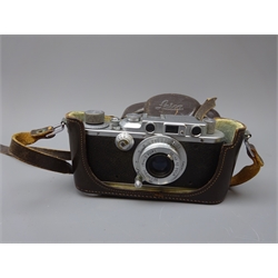  Leica 35mm film camera, Ernst Leitz Wetzlar D.R.P. No.306871, with a Leitz Elmar 1:3,5 f=5cm lens, in incorrect leather Leica case  