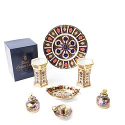 Royal Crown Derby Imari pattern 1128 wares, comprising two hexagonal tubular vases, one tr...