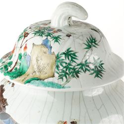 Late 19th century Chinese famille verte crackled ice pot and cover, of ovoid form, decorated with birds, blossom and bamboo, the cover with handle formed as a root, with hardwood display stand H50cm