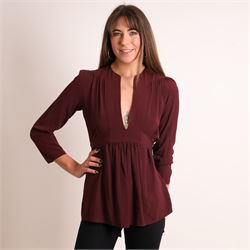 Prada - burgundy silk-blend blouse, with wide rounded collar, deep V-neck, long sleeves, g...
