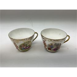 20th century Austrian style porcelain cabaret set decorated with classical scenes after Kauffmann, comprising two teacups & saucers, sucrier, teapot, milk jug and tray, L41cm 