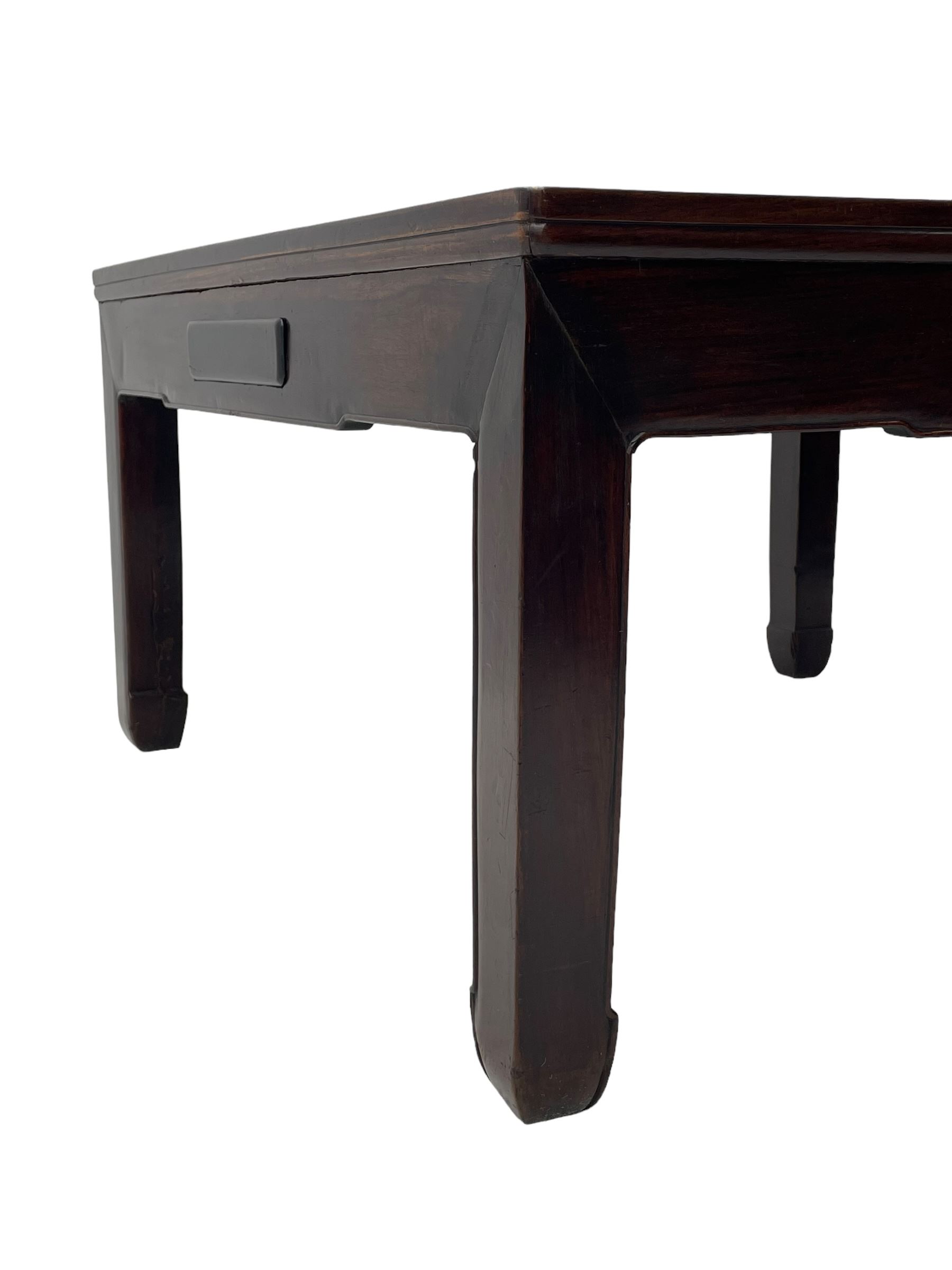 Fine 19th century Chinese Qing dynasty hmong wood mahjong or coffee table, Ming design, square top with raised moulded lip, each side fitted with small drawer, on square supports with hoof feet