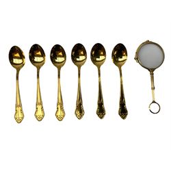 Victorian gold plated lorgnette glasses, 11cm and further set of six gold plated teaspoons stamped Sweden