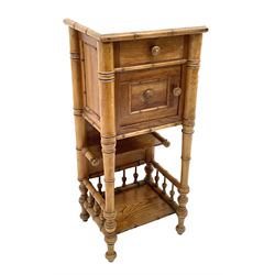 20th century French simulated bamboo and pitch pine bedside pot cupboard, inset white marble top, single drawer above cupboard with ceramic liner, turned supports joined by under tier
