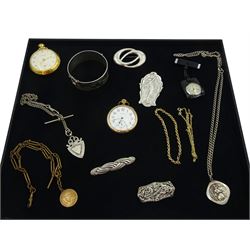 Silver jewellery including Art Nouveau style brooch, three other brooches, Georg Jensen St Christopher pendant and bangle, 9ct gold bracelet and necklace, all stamped or hallmarked, Gold-plated pocket watch by Waltham, two other watches and chains