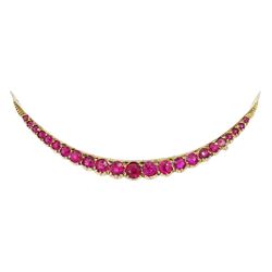 Early 20th century 9ct gold synthetic ruby crescent brooch, in fitted silk and velvet lined box by Searle & Co, London