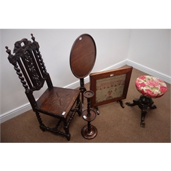  19th century mahogany pedestal table, piano stool and barley twist stand, a Carolean style hall chair and an early 19th century sampler firescreen dated '1827'  