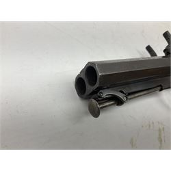 Early 19c percussion double barrel Howdah pistol by J. Blisset London, c1840s, approximately 50 calibre, 10.5cm octagonal monobloc barrels with captive swivel ramrod under, finely chequered walnut stock, engraved hammers, lock plates, tang and trigger guard, butt plate with hinged cap compartment, vacant white metal oval escutcheon L25.5cm overall