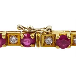 18ct gold ruby and round brilliant cut diamond bracelet, stamped 750, total ruby weight approx 5.75 carat