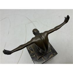 Bronze figure after Milo, a 'Power Of Silence', modelled as a male athlete crouched with arms outstretched upon a marble plinth, signed Milo, H15cm