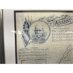 Boer War cotton handkerchief printed with portraits of Lord Roberts and Queen Victoria with a map of Southern Africa and Kipling's The Absent Minded Beggar, framed, handkerchief 44.5 x 43cm