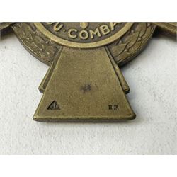 Five continental medals - WW1 Belgian Cross of Fire; WW1 French Croix De Guerre; French Croix De Combattant; French Republic Workers silver merit awarded to L. Mounet 1950; and boxed French Palmes Universitaires Officier d'Academie silver and enamel wreath (5)