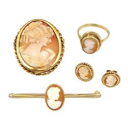 9ct gold cameo jewellery including two brooches, ring and a pair of earrings