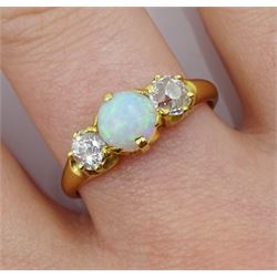 Gold three stone round opal and old cut diamond ring, stamped 18ct, total diamond weight approx 0.60 carat