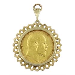 King Edward VII 1903 gold full sovereign coin, loose mounted in 9ct gold pendant, hallmarked