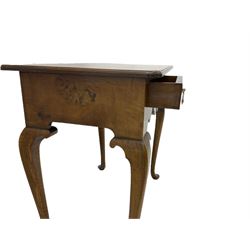 Queen Anne style figured walnut lowboy, moulded rectangular top with band,  over shaped apron fitted with two drawers, on cabriole supports