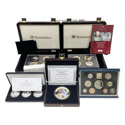 Mostly commemorative coins including The Royal Mint 1997 proof coin collection, Westminster 2013 'The Royal Baby Photographic 65mm' coin, Jubilee Mint 2017 'The Queen Elizabeth II Sapphire Jubilee' five pound coin collection etc