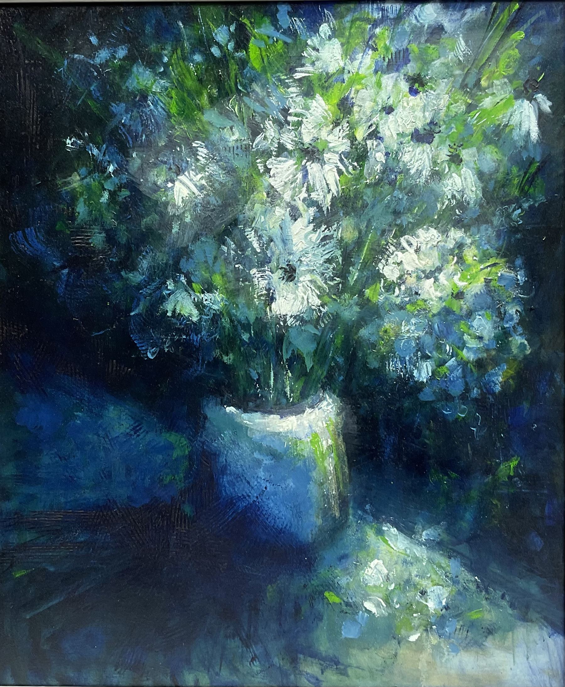 Shannon Morgan (USA 1966-): 'Flowers in Moonlight', oil on artist's board signed, titled verso 60cm x 50cm
Notes: Shannon was born and raised in the USA but for the last fifteen years has lived and worked in the City of York. Exhibiting with the Society of Women Artists in London, the Ferens Gallery Hull and the York Art Society