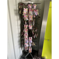 Salon Equipment - Set of four green and metal wall mounting units with glass shelves and hangers and display hanging station with large amount of loom bands. - THIS LOT IS TO BE COLLECTED BY APPOINTMENT FROM DUGGLEBY STORAGE, GREAT HILL, EASTFIELD, SCARBOROUGH, YO11 3TX