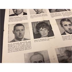 Great Train Robbery; Metropolitan Police printed poster, 'The Assistance of the public is sought to trace the whereabouts of the after described persons .....', printed by Wavell Press Ltd, 1963
Provenance by vendor repute: The poster was given to the vendor in 1985 by a colleague who was previously a detective sergeant of the Metropolitan Police, who had as a junior officer and worked on the case  of the Great Train Robbery. The hand written dates they were written on the poster when they were arrested   