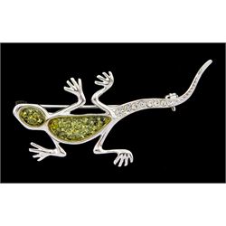 Silver green amber and cubic zirconia lizard brooch, stamped 925